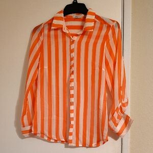 freebird Orange and White Striped Button-Up Blouse